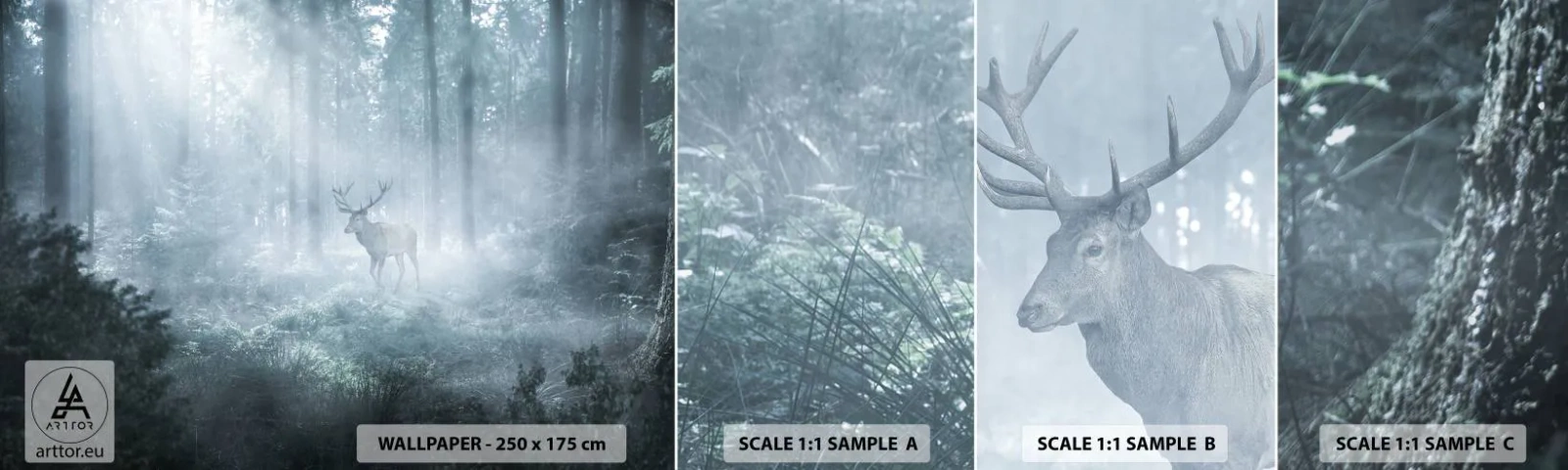 Fotobehang Monster Zelfklevend Deluxe Sticker - Ochtendbezoek aan het landgoed - Landschap, Woud, Hert - 100x30 cm