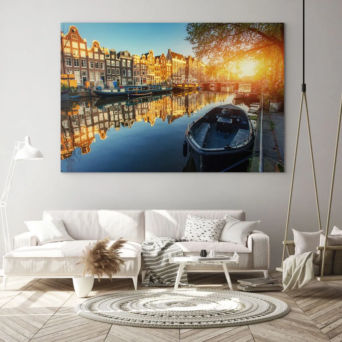 Schilderen op glas - Amsterdamse gracht bij zonsondergang - 70x50cm - Ochtend in Amsterdam - Moderne wanddecoratie voor woonkamer en slaapkamer ARTTOR