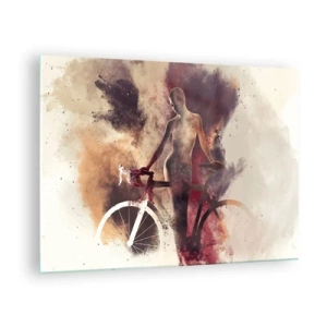 Schilderen op glas - Silhouet van een fiets in een artistieke kleurenwolk - 70x50cm - Een fietsziel in marmeren vormen - Moderne wanddecoratie voor woonkamer en slaapkamer ARTTOR