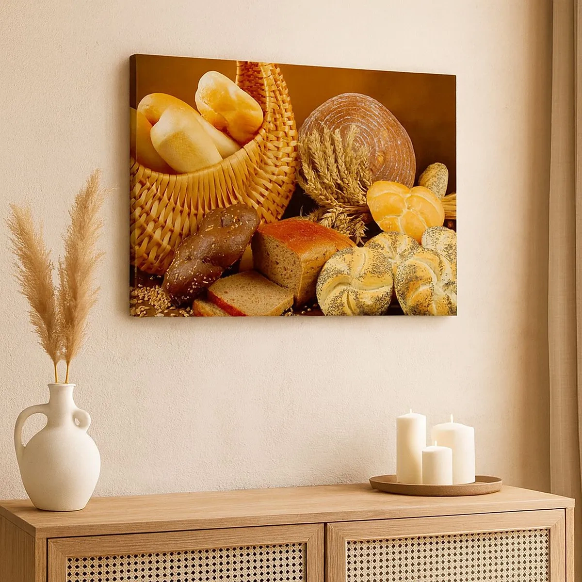 Schilderen op canvas - Verschillende soorten brood in een rieten mand op een gouden achtergrond - 70x50cm - We kwamen er weer mee weg - Moderne wanddecoratie voor woonkamer en slaapkamer ARTTOR