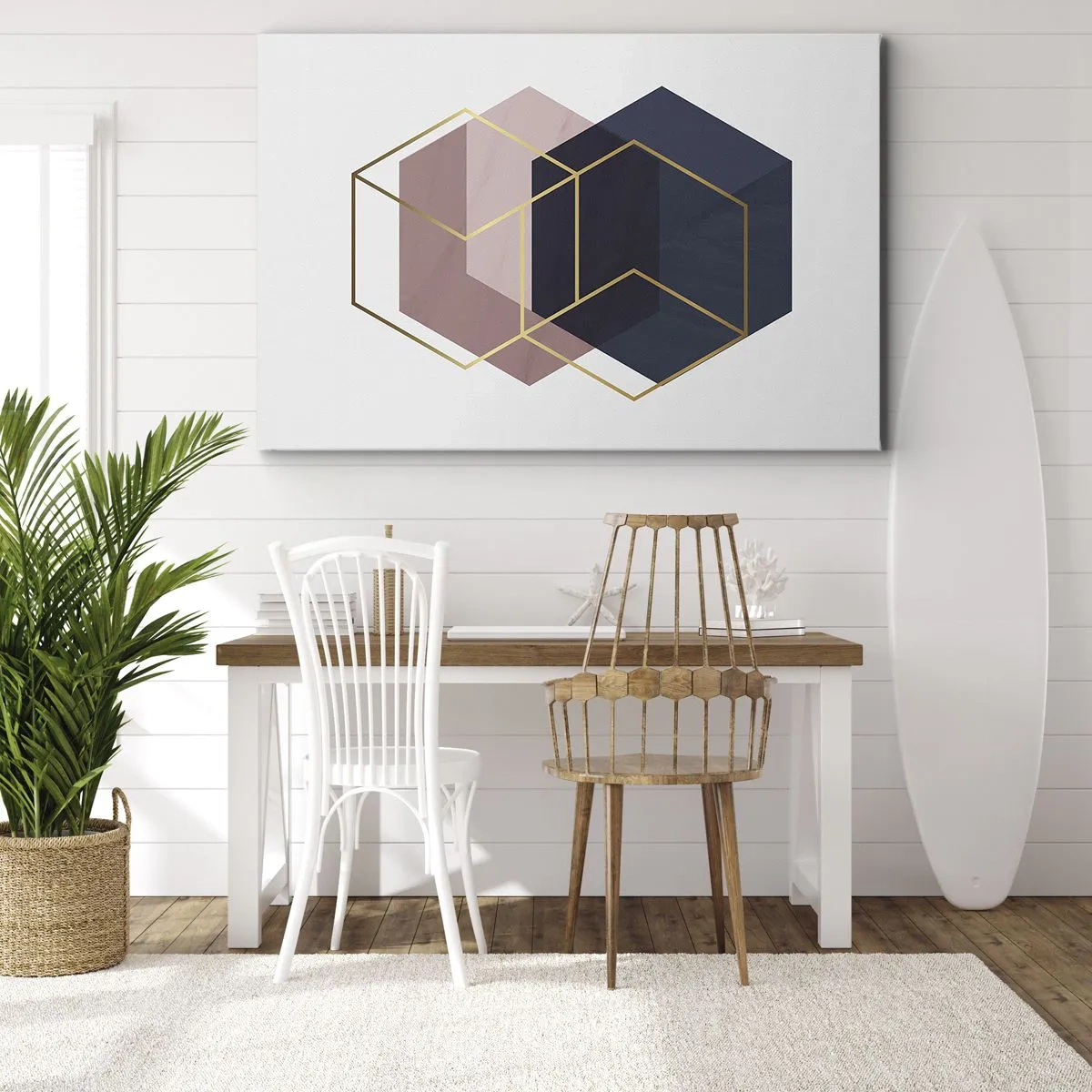 Schilderen op canvas - Geometrische vormen in gouden lijnen op een pastelachtergrond - 70x50cm - De kracht van eenvoud - Moderne wanddecoratie voor woonkamer en slaapkamer ARTTOR