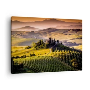 Schilderen op canvas - Toscaans landschap met wijngaarden en een huis op een heuvel - 70x50cm - Arcadia - het Toscaanse landschap - Moderne wanddecoratie voor woonkamer en slaapkamer ARTTOR