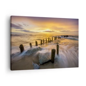 Schilderen op canvas - Zonsondergang boven de zee met de overblijfselen van een oude pier - 70x50cm - De rauwe schoonheid van de Oostzee - Moderne wanddecoratie voor woonkamer en slaapkamer ARTTOR