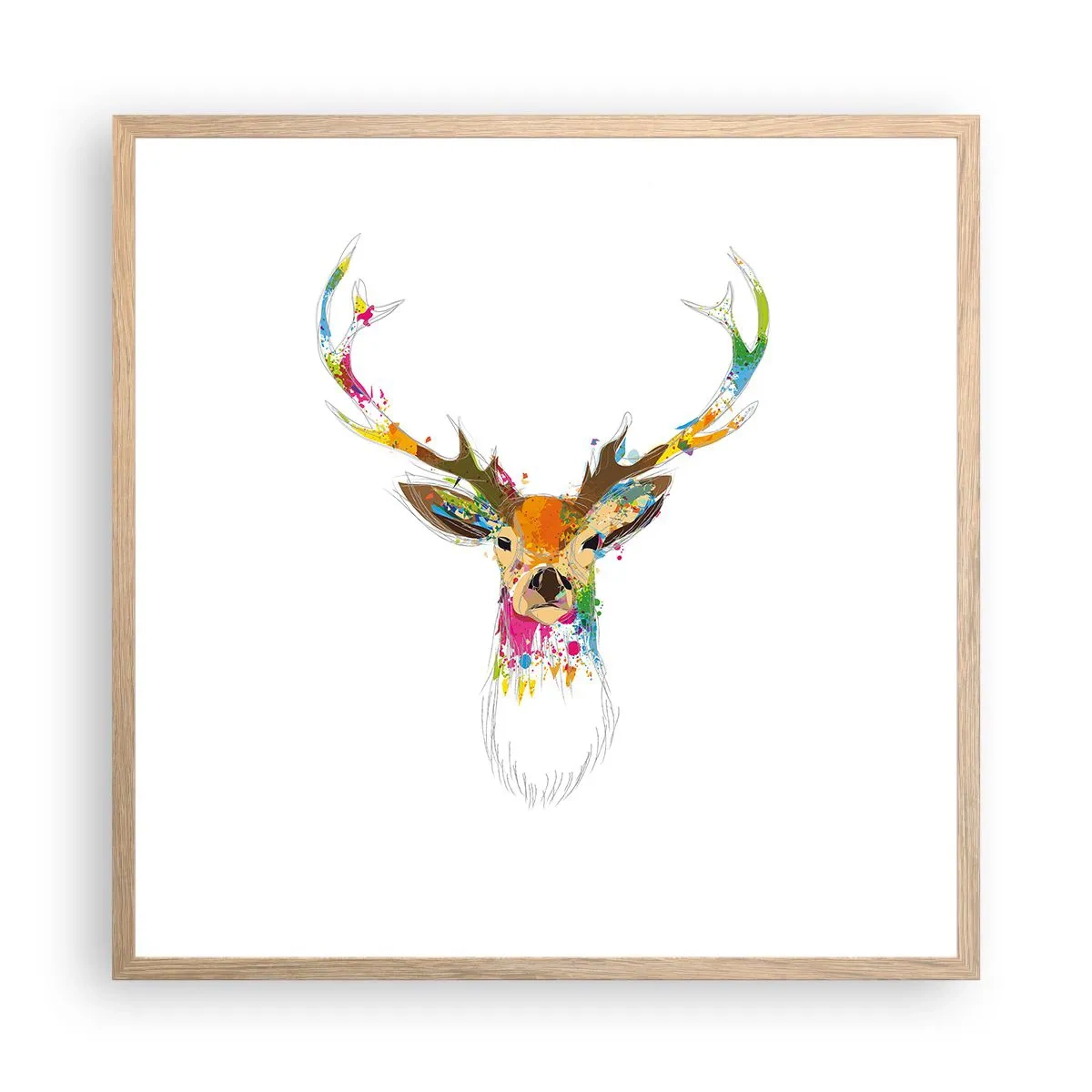 Een poster in een licht eiken lijst - Een zacht hert badend in kleur - 60x60 cm