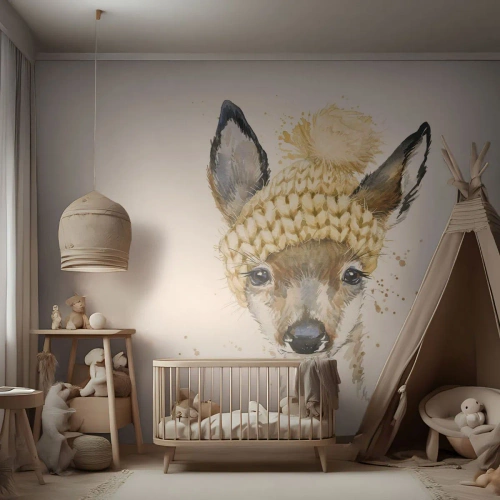 Fotobehang op maat Premium Sand - Voor de winter in een besneeuwd bos - Voor kinderen, Roe, Grafisch