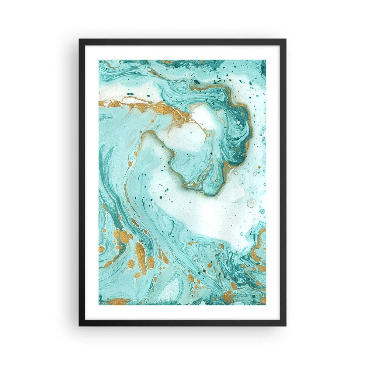 Poster in een zwarte lijst - Turquoise en gouden abstractie in een marmerstijl - 50x70cm - Onder de grote golf van het Edo-tijdperk - Moderne wanddecoratie voor woonkamer en slaapkamer ARTTOR