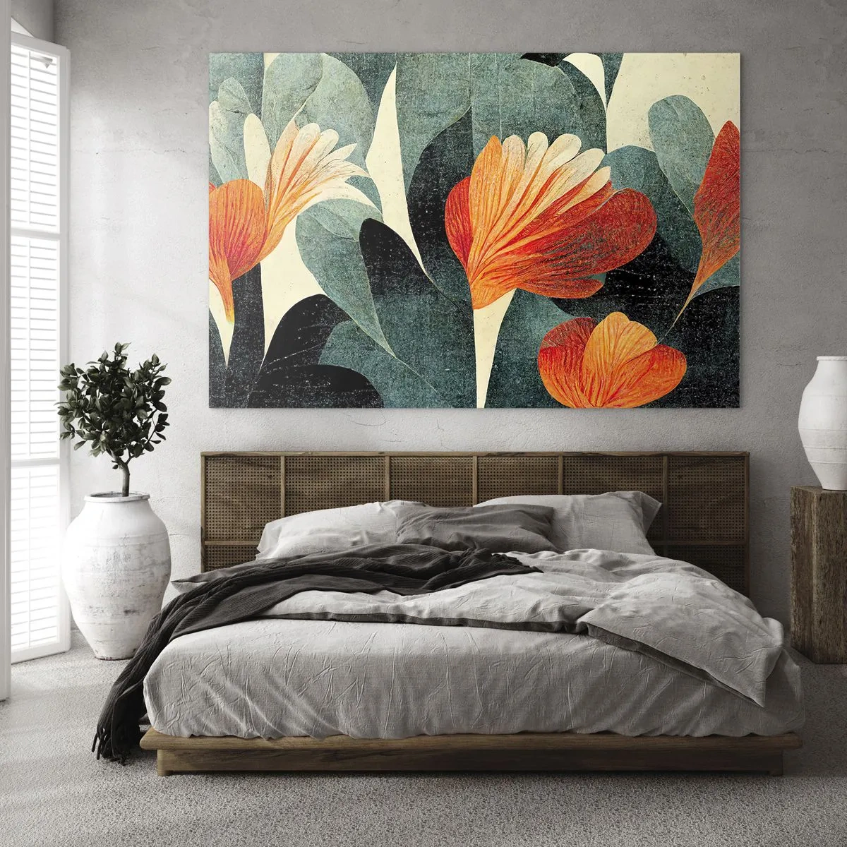 Schilderen op glas - Oranje bloemen tegen een achtergrond van donkergroene bladeren - 70x50cm - De hitte van de tropen en de koelte van het groen - Moderne wanddecoratie voor woonkamer en slaapkamer ARTTOR