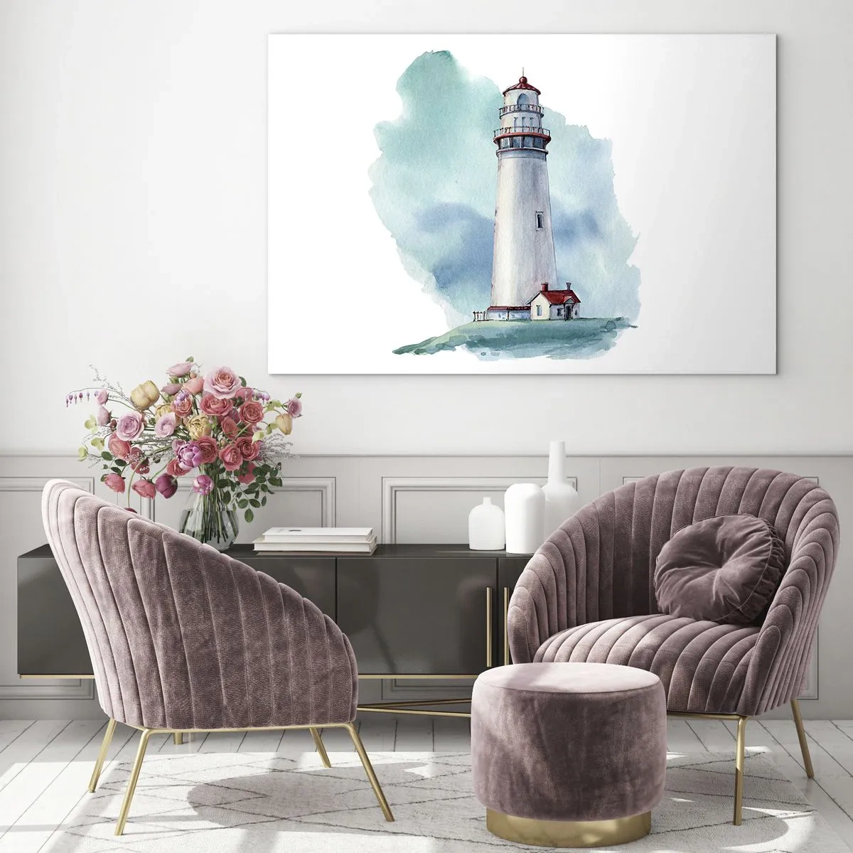Schilderen op glas - Een vuurtoren tegen een blauwe aquarellucht - 70x50cm - Blue's zachtaardige zus - Moderne wanddecoratie voor woonkamer en slaapkamer ARTTOR