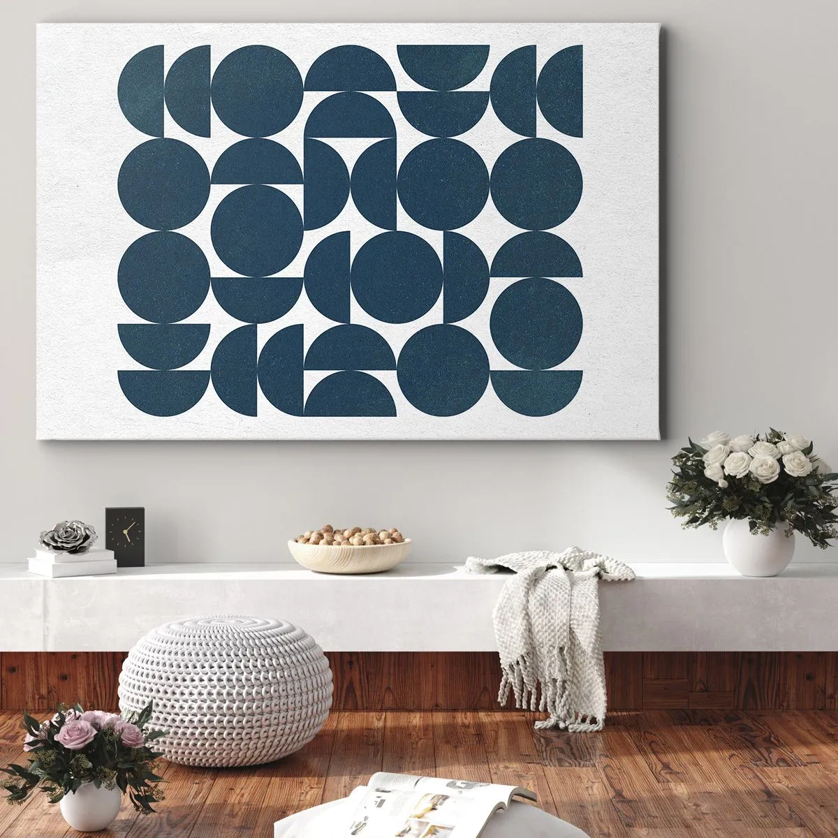 Schilderen op canvas - Geometrische vormen in tinten marineblauw op een witte achtergrond - 70x50cm - Cirkels en halfcirkels - Moderne wanddecoratie voor woonkamer en slaapkamer ARTTOR