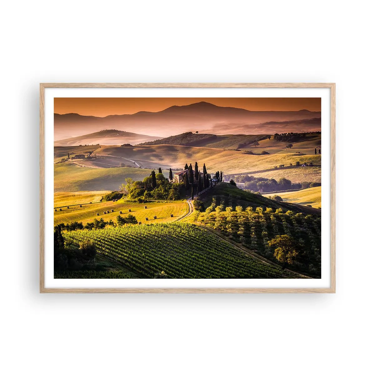 Een poster in een licht eiken lijst - Arcadia - het Toscaanse landschap - 100x70 cm