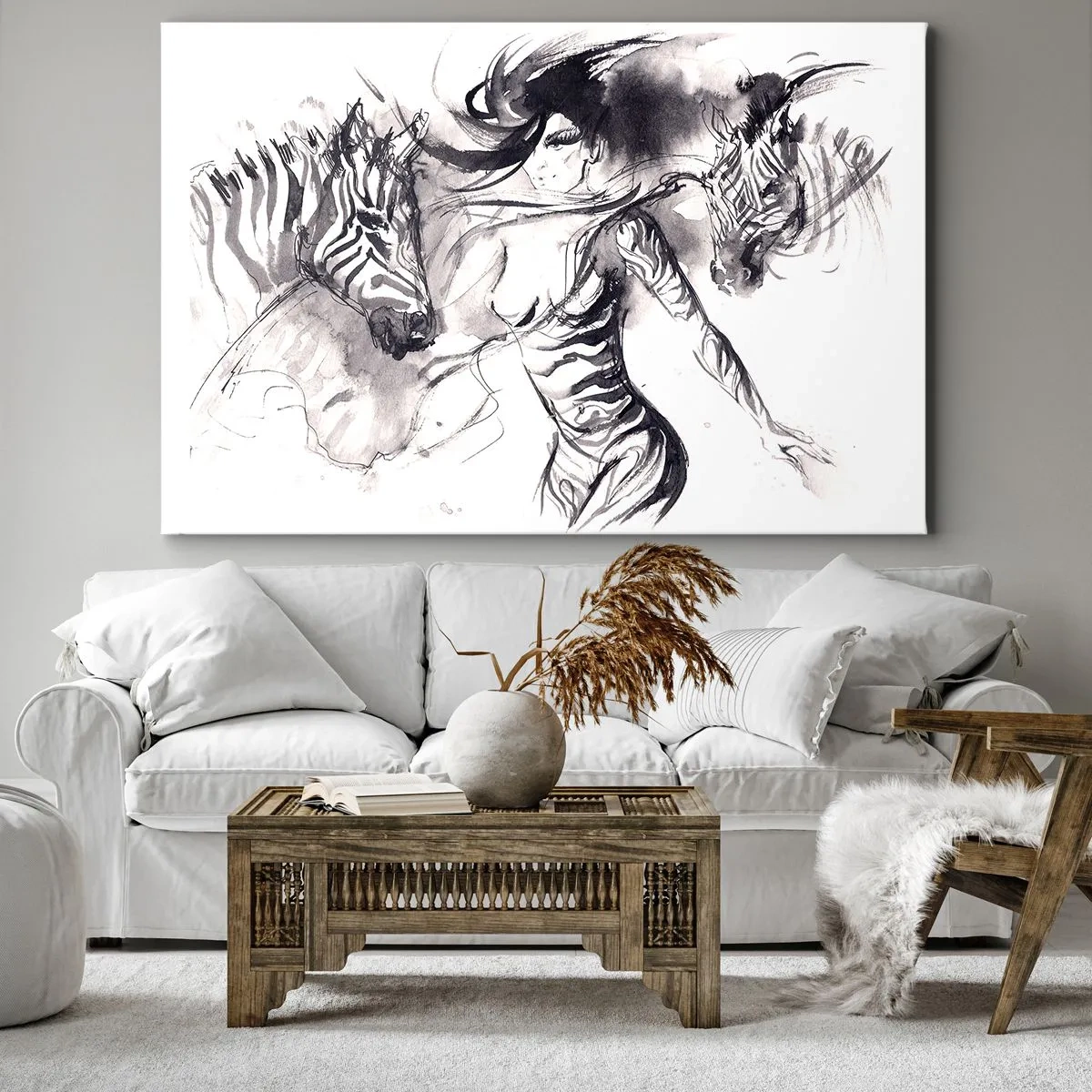 Schilderen op canvas - Een vrouw in een dynamische dans met zebra's in een zwart-witte esthetiek - 70x50cm - Dansend met de zebra's - Moderne wanddecoratie voor woonkamer en slaapkamer ARTTOR