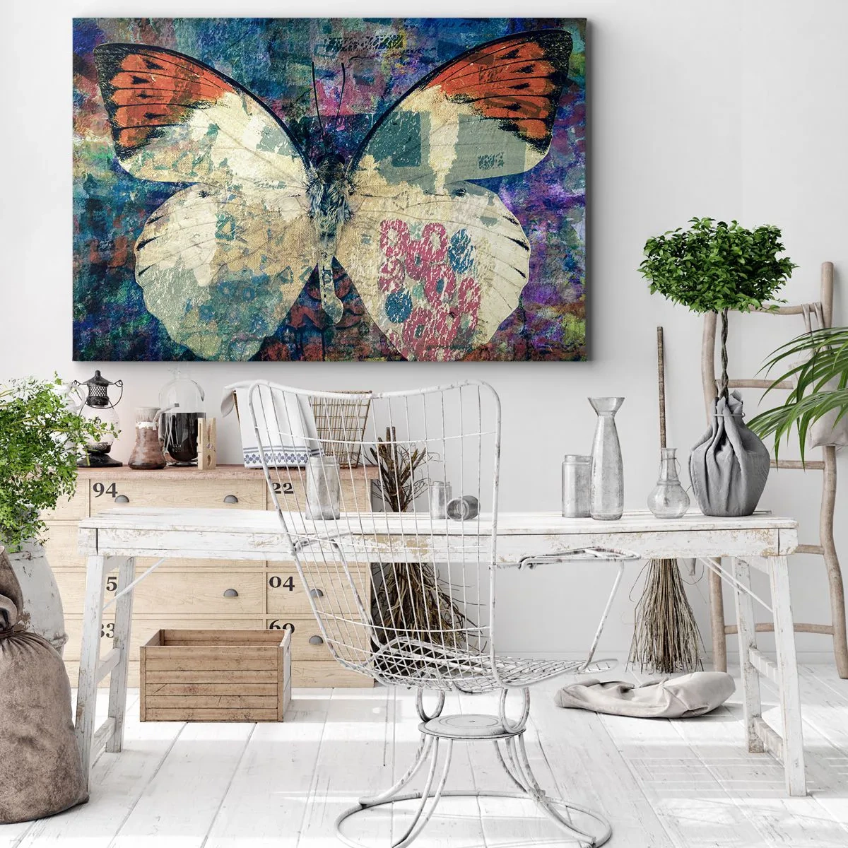 Schilderen op canvas - Vlinder op een abstracte artistieke achtergrond met kleurrijke details - 70x50cm - Subtiele kwetsbaarheid - Moderne wanddecoratie voor woonkamer en slaapkamer ARTTOR