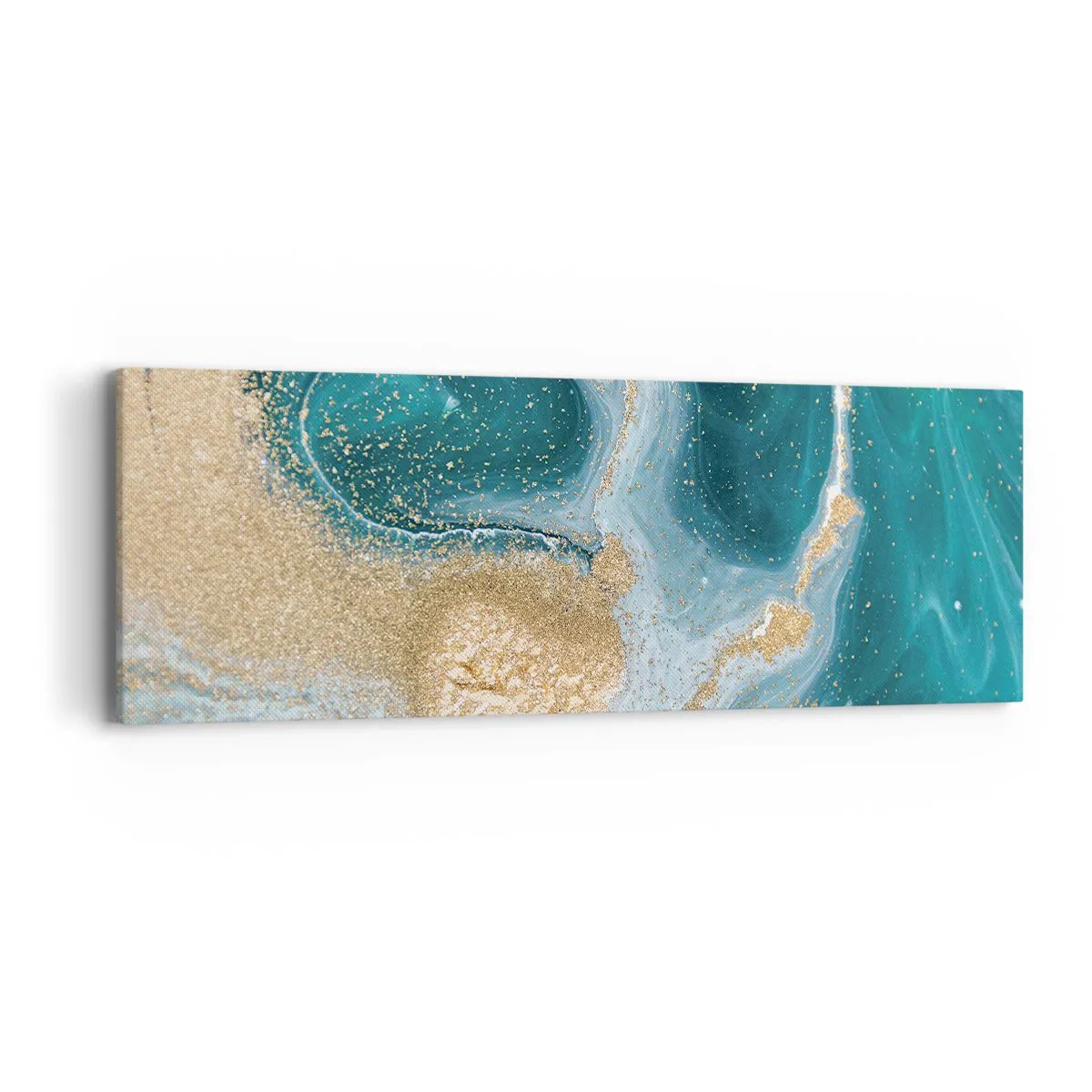 Schilderen op canvas - Een werveling van goud en turkoois - 90x30 cm