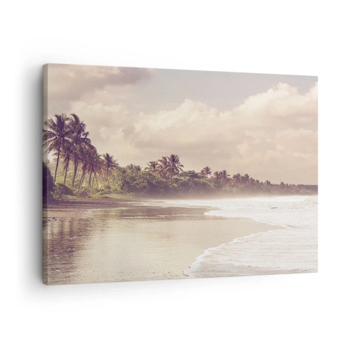 Schilderen op canvas - Een strand met palmbomen en zachte golven in de ochtend - 70x50cm - De streling van de golven - Moderne wanddecoratie voor woonkamer en slaapkamer ARTTOR