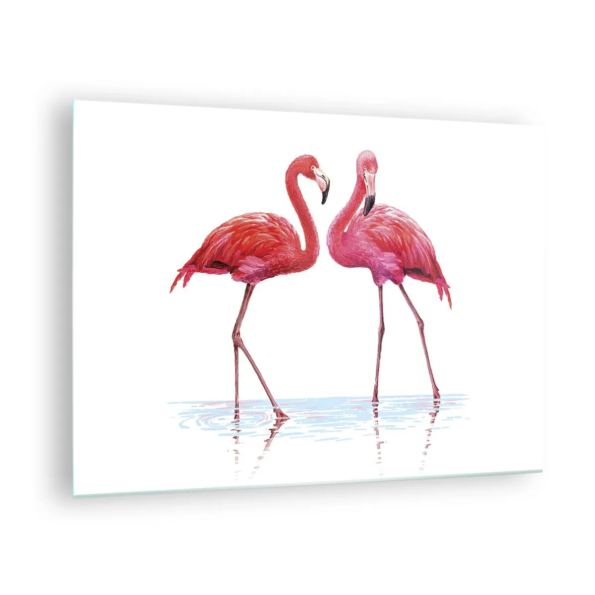 Schilderen op glas - Twee roze flamingo's staan in het water - 70x50cm - Roze randez-vous - Moderne wanddecoratie voor woonkamer en slaapkamer ARTTOR