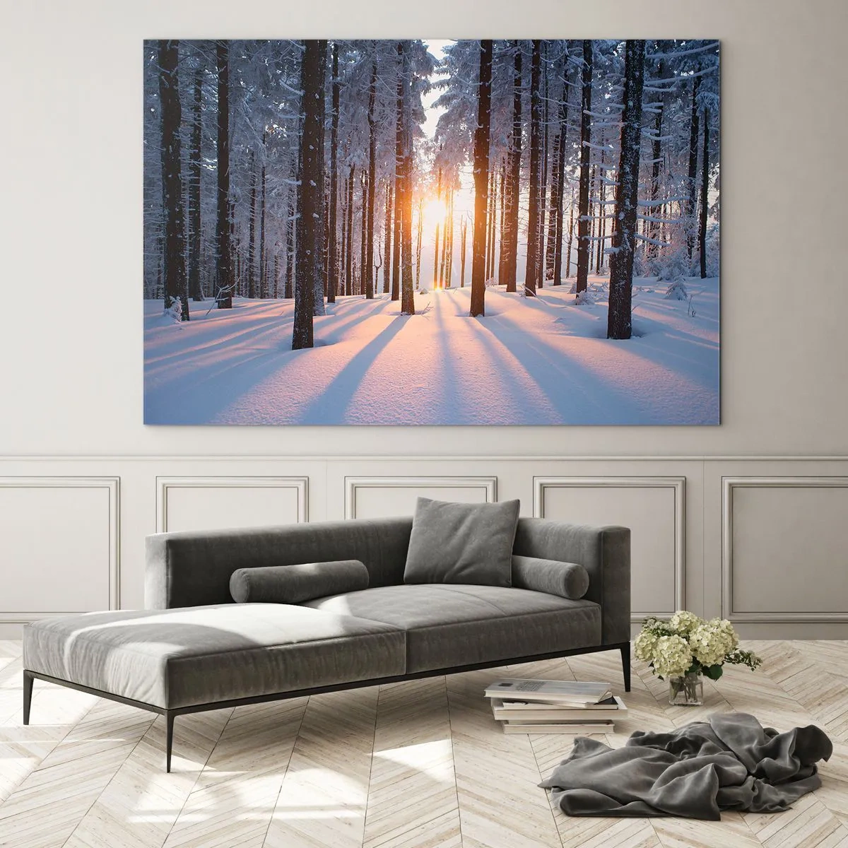 Schilderen op glas - Winterbos met zonnestralen die door de bomen schijnen - 70x50cm - Duidelijk in zwart-wit - Moderne wanddecoratie voor woonkamer en slaapkamer ARTTOR