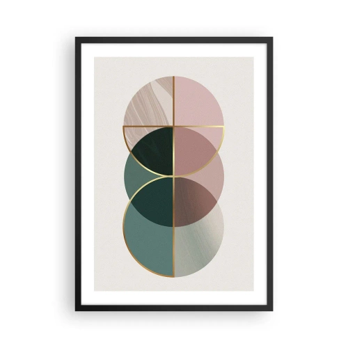 Poster in een zwarte lijst - Abstracte geometrische compositie met cirkels en goud - 50x70cm - Wiel voor wiel... - Moderne wanddecoratie voor woonkamer en slaapkamer ARTTOR