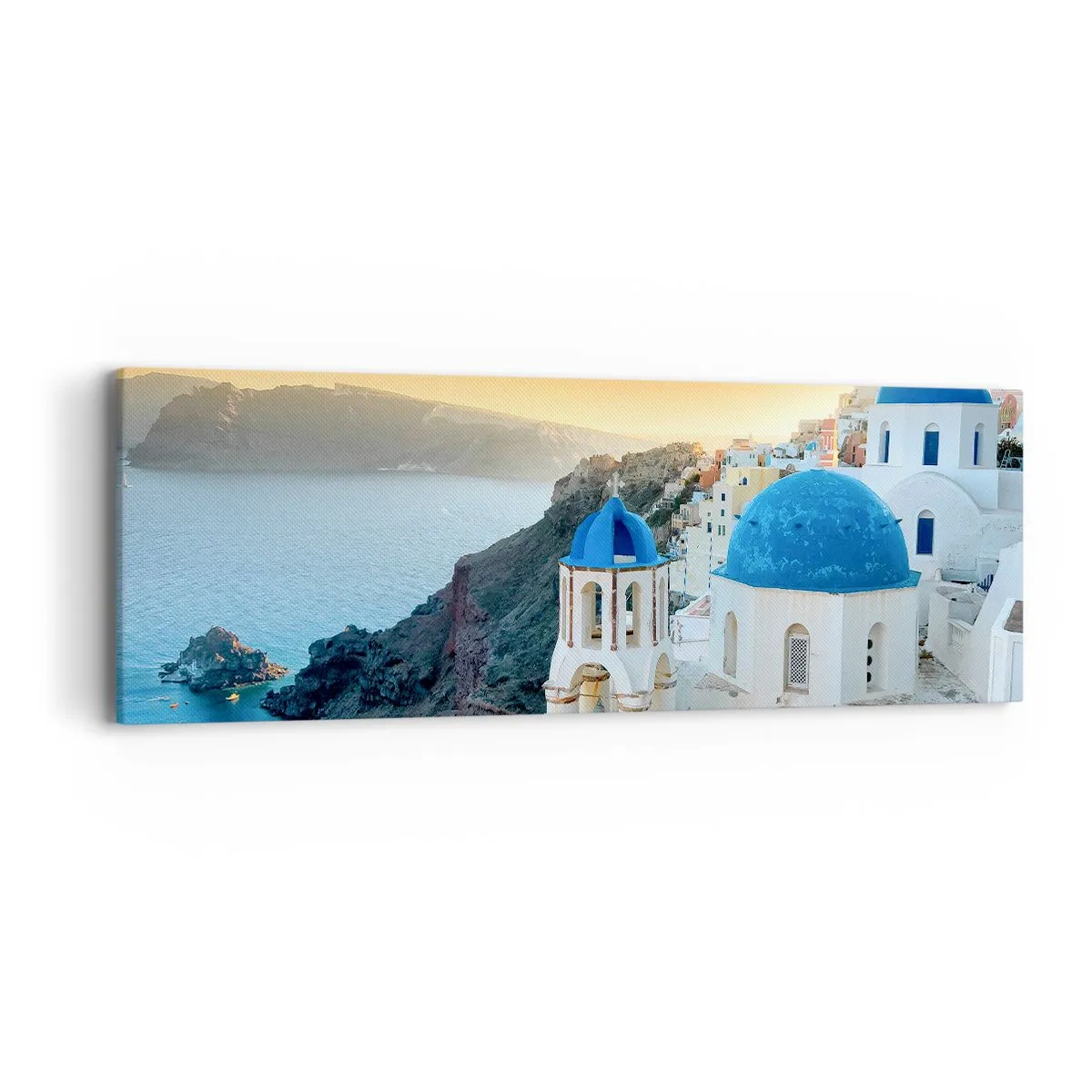 Schilderen op canvas - Santorini - genesteld tegen de rotsen - 90x30 cm