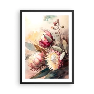 Poster in een zwarte lijst - Een boeket proteabloemen in delicate kleuren - 50x70cm - In profiel en en face - Moderne wanddecoratie voor woonkamer en slaapkamer ARTTOR