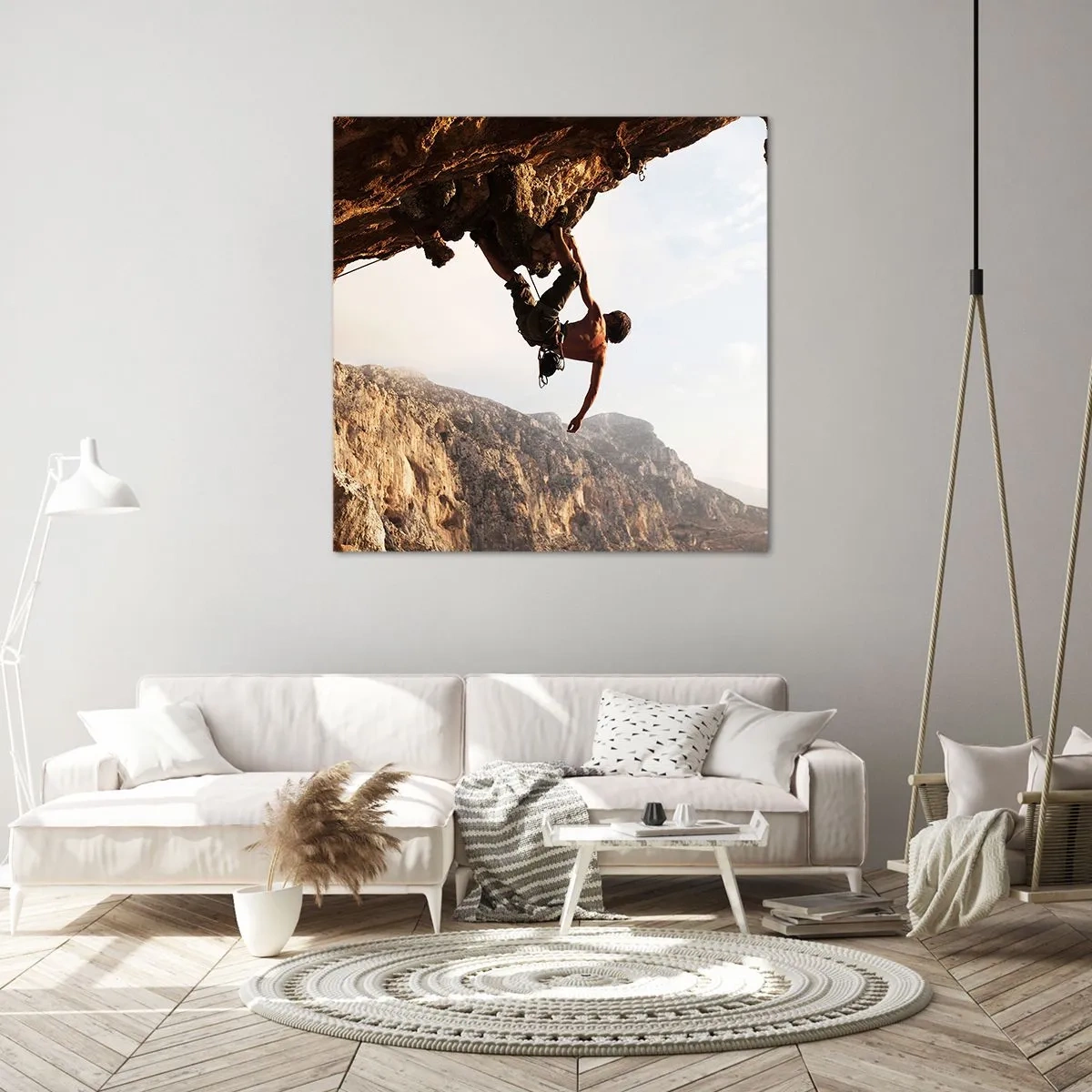 Schilderen op canvas - De wereld gekrompen in een hand op een rotsblok  - 40x40 cm