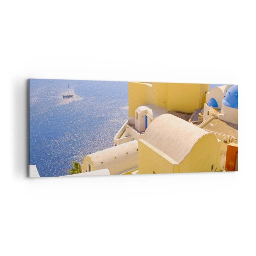 Schilderen op canvas - Grieks landschap in wit en blauw - 100x40 cm
