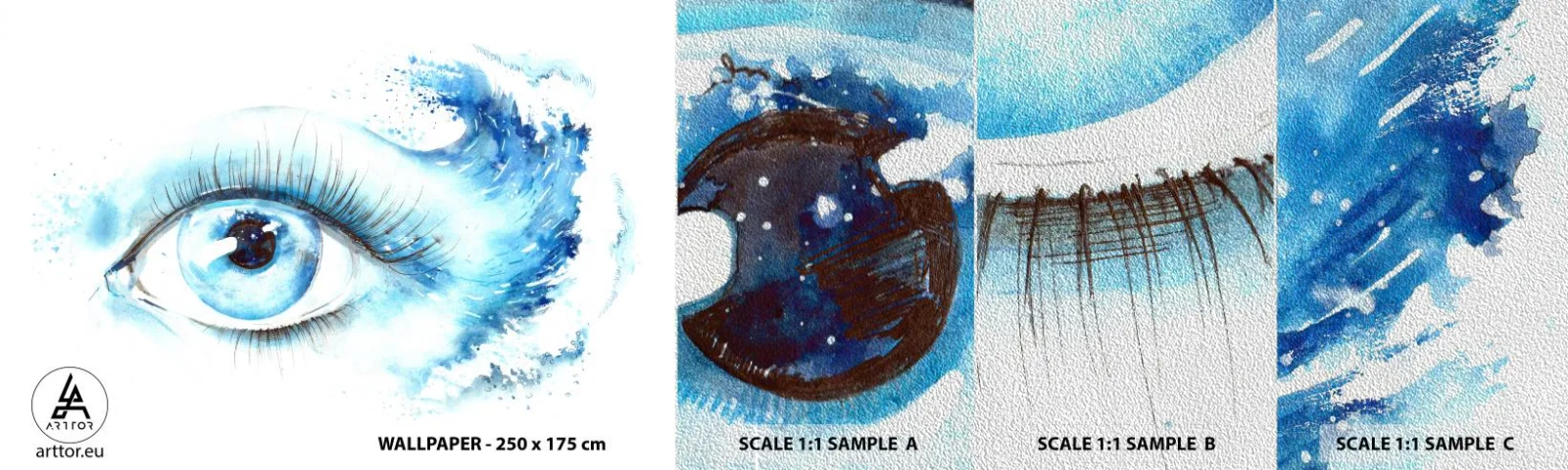 Fotobehang Monster Premium Sand - Dompel jezelf onder in het blauw van de blik - Abstractie, Oog, Deel - 100x30 cm