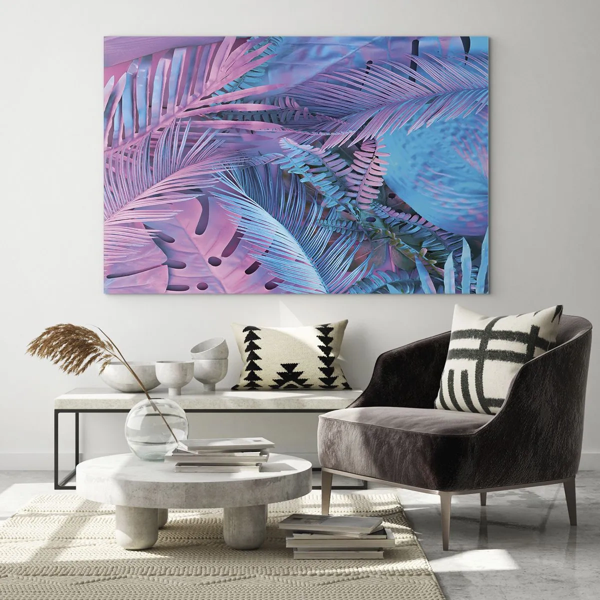 Schilderen op glas - Tropische bladeren in tinten roze en blauw op een neonachtergrond - 70x50cm - Tropen in roze en blauw - Moderne wanddecoratie voor woonkamer en slaapkamer ARTTOR