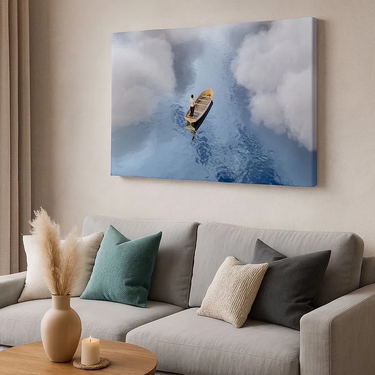 Schilderen op canvas - Een man in een boot op een kalme zee, omringd door wolken - 70x50cm - Leven – reis – onbekend - Moderne wanddecoratie voor woonkamer en slaapkamer ARTTOR