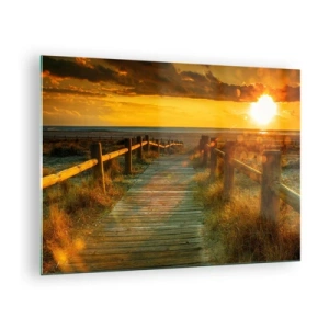Schilderen op glas - Een houten pad dat naar de ondergaande zon leidt - 70x50cm - Badend in oud goud - Moderne wanddecoratie voor woonkamer en slaapkamer ARTTOR