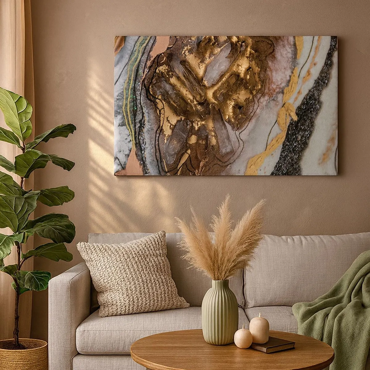 Schilderen op canvas - Abstracte compositie met elementen van goud en kristallen - 70x50cm - Het element aarde - Moderne wanddecoratie voor woonkamer en slaapkamer ARTTOR