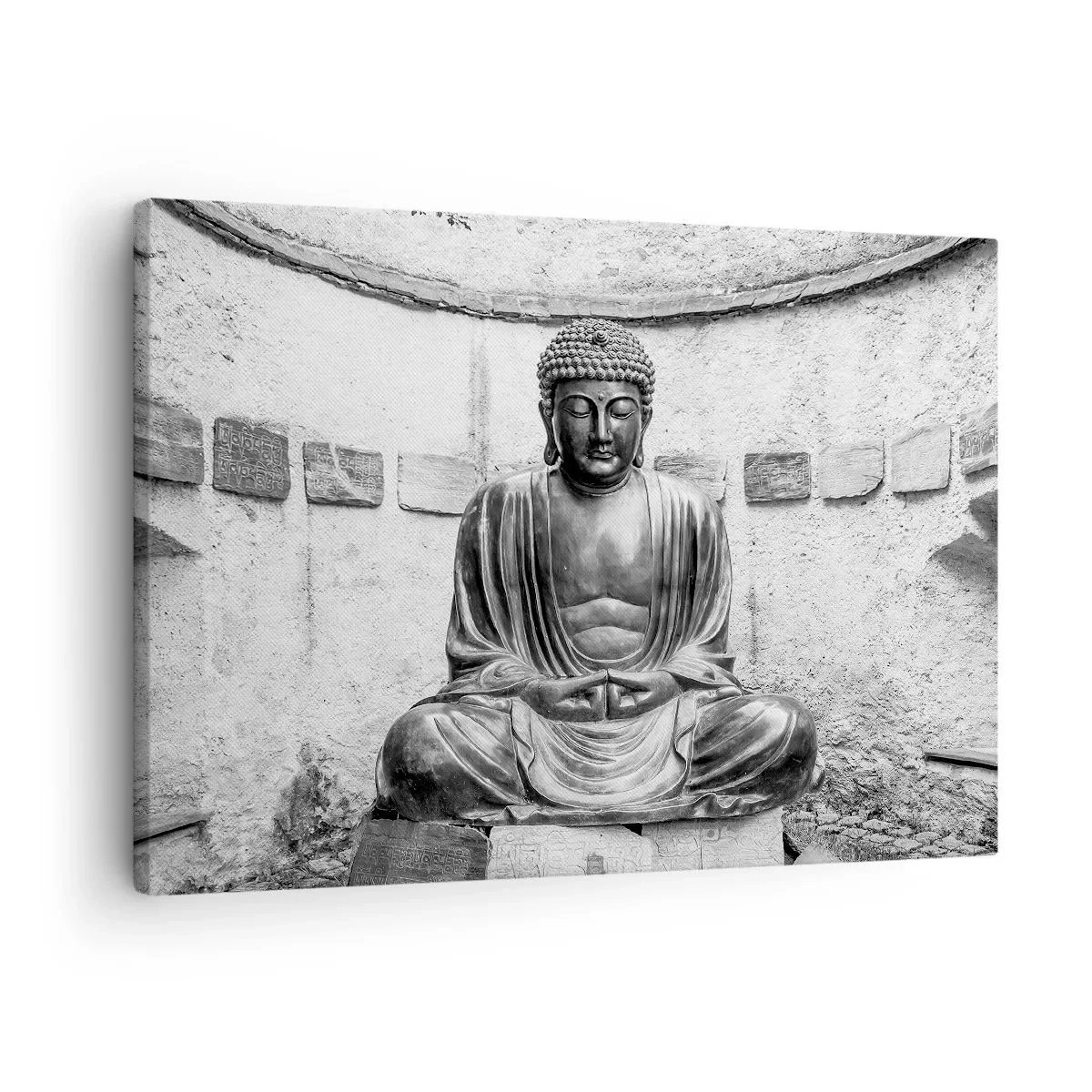 Schilderen op canvas - Zwart-wit Boeddhabeeld in een meditatieve houding - 70x50cm - Aan de bron van vrede - Moderne wanddecoratie voor woonkamer en slaapkamer ARTTOR