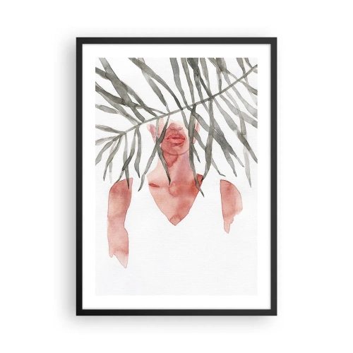 Poster in een zwarte lijst - Aquarelsilhouet van een vrouw verborgen achter bladeren - 50x70cm - Vrouwe van de tropen - Moderne wanddecoratie voor woonkamer en slaapkamer ARTTOR