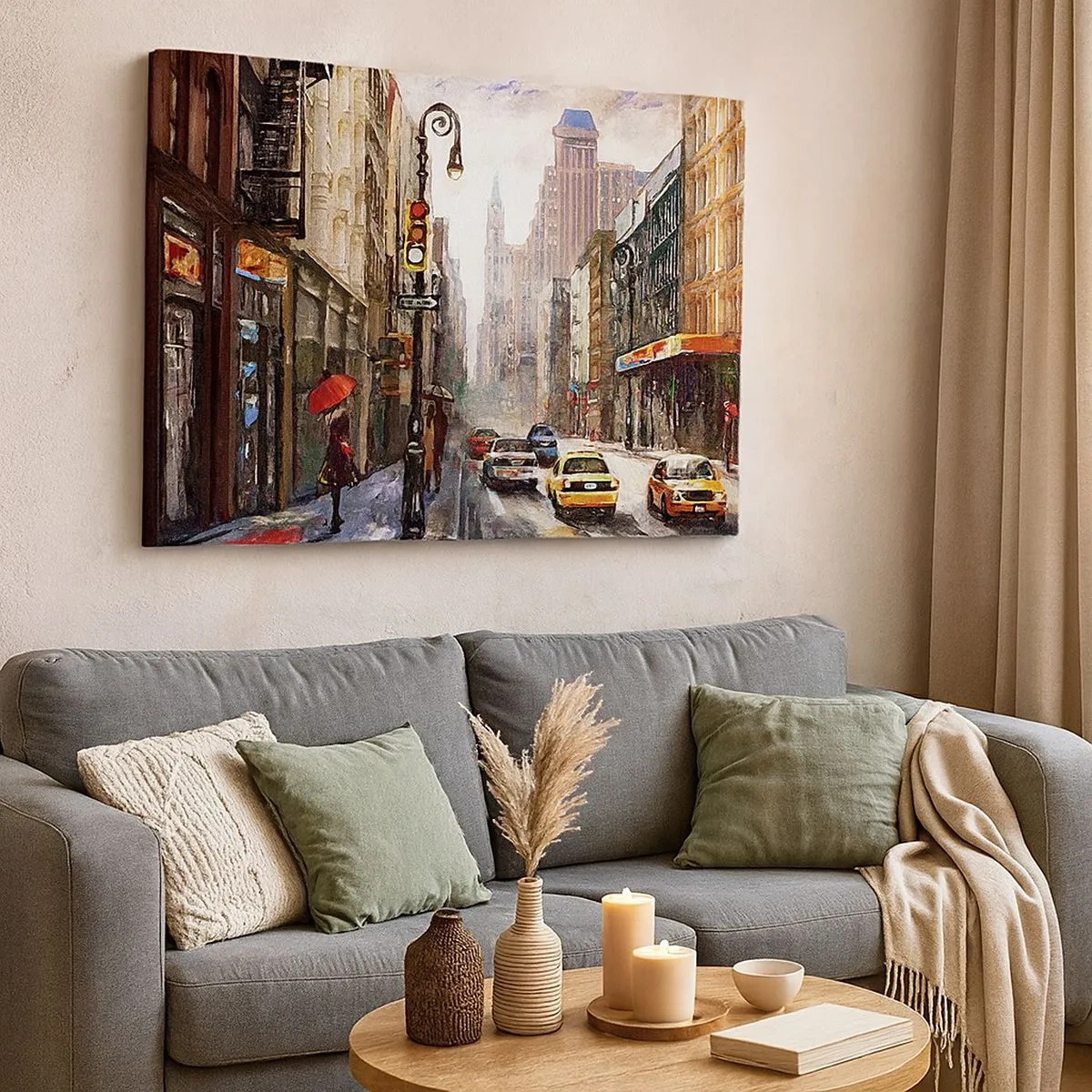 Schilderen op canvas - Stadsgezicht met een straat en gele taxi's - 70x50cm - New York - ook kleurrijk in de regen - Moderne wanddecoratie voor woonkamer en slaapkamer ARTTOR