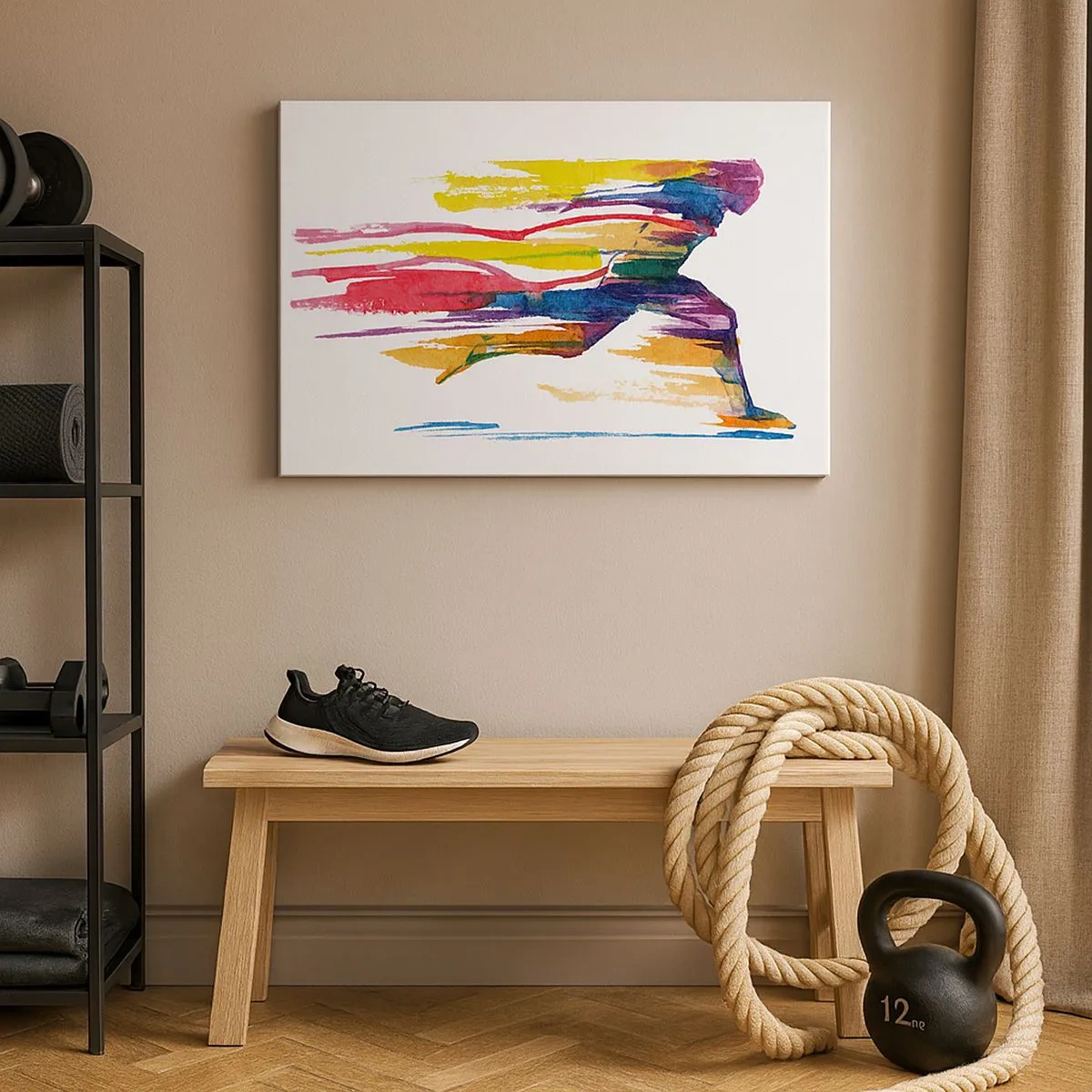 Schilderen op canvas - Een hardloper in abstracte kleuren die dynamiek en energie symboliseren - 70x50cm - Rennend over de regenboog - Moderne wanddecoratie voor woonkamer en slaapkamer ARTTOR