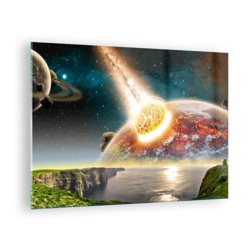 Schilderen op glas - Een meteoriet botst op een planeet in de ruimte. - 70x50cm - Kosmisch drama - Moderne wanddecoratie voor woonkamer en slaapkamer ARTTOR