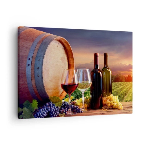 Schilderen op canvas - Wijn, glazen en een vat in een schilderachtig landschap - 70x50cm - Het leven smaakt hier - Moderne wanddecoratie voor woonkamer en slaapkamer ARTTOR