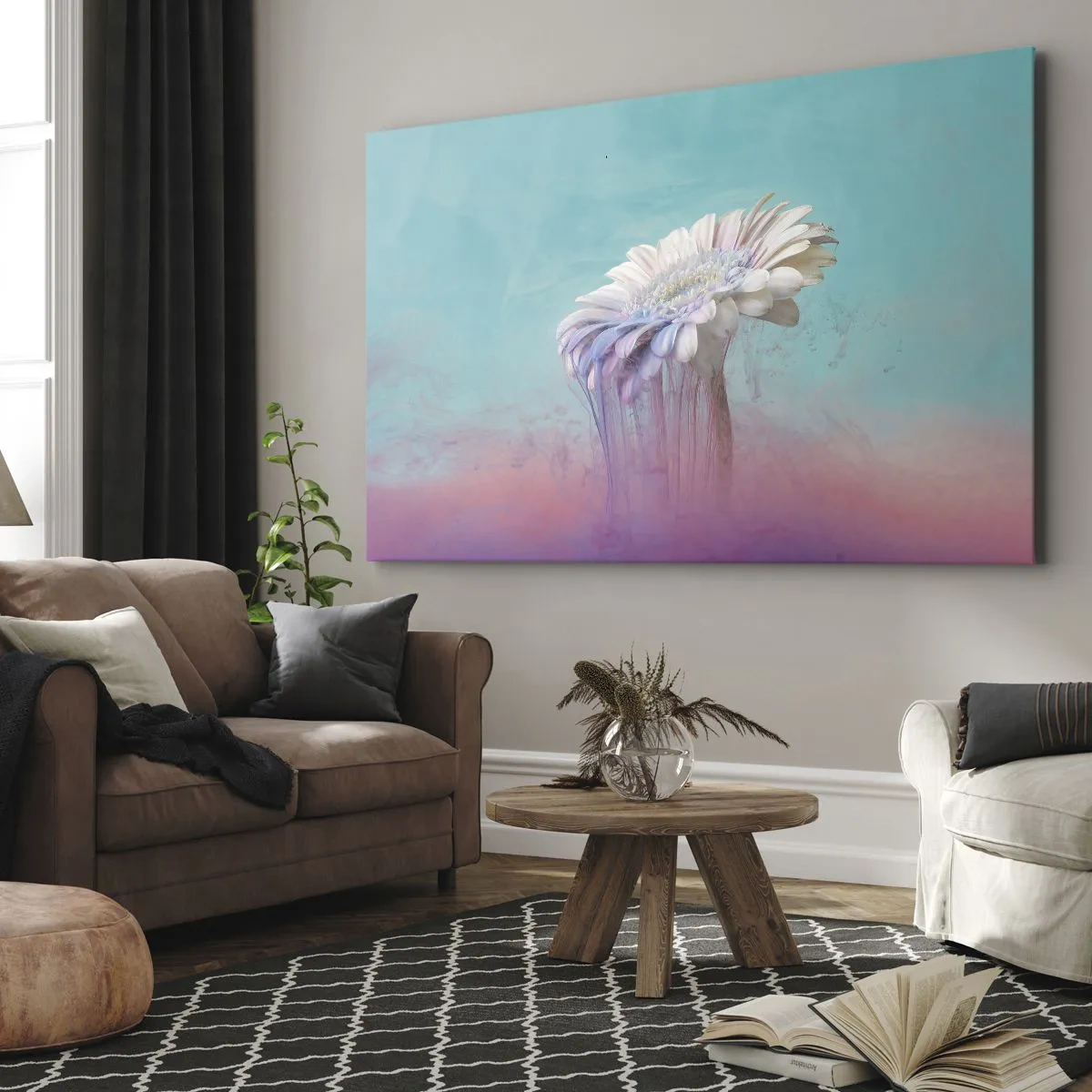 Schilderen op canvas - Pastelkleurige gerbera met een wazig effect - 70x50cm - De bloemenonderwereld - Moderne wanddecoratie voor woonkamer en slaapkamer ARTTOR