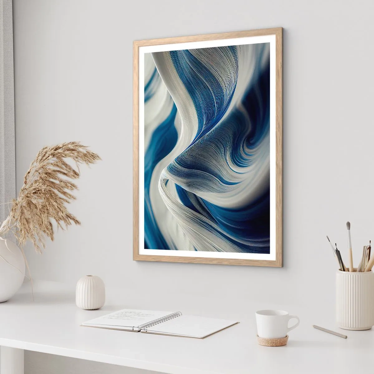 Een poster in een licht eiken lijst - De vloeibaarheid van blauw en wit - 61x91 cm
