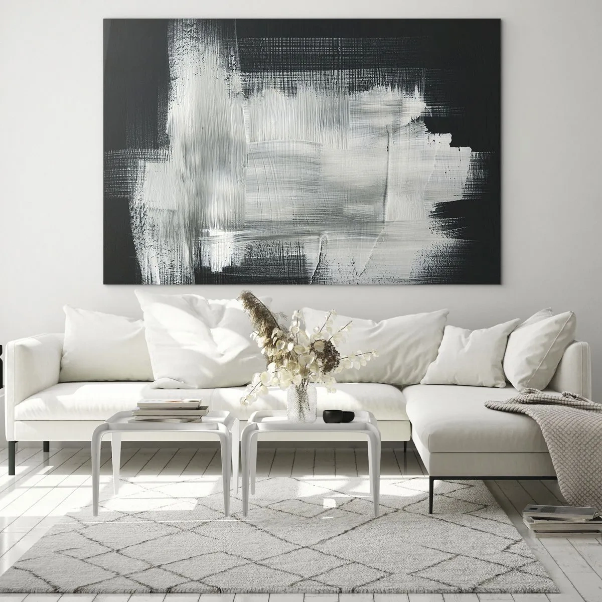 Schilderen op glas - Minimalistische abstractie in zwart-wit - 70x50cm - Geweven van verticaal en horizontaal - Moderne wanddecoratie voor woonkamer en slaapkamer ARTTOR