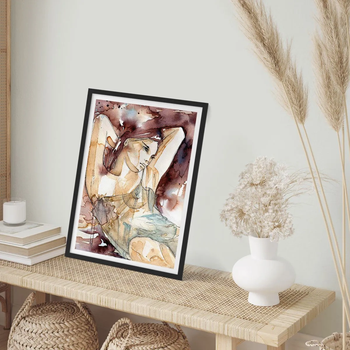 Poster in een zwarte lijst - Artistiek silhouet van een vrouw in tinten bruin - 50x70cm - In een lila stemming - Moderne wanddecoratie voor woonkamer en slaapkamer ARTTOR