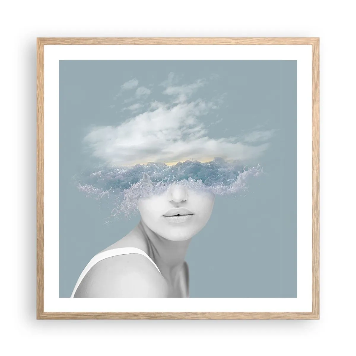 Een poster in een licht eiken lijst - Met hoofd in de wolken - 60x60 cm