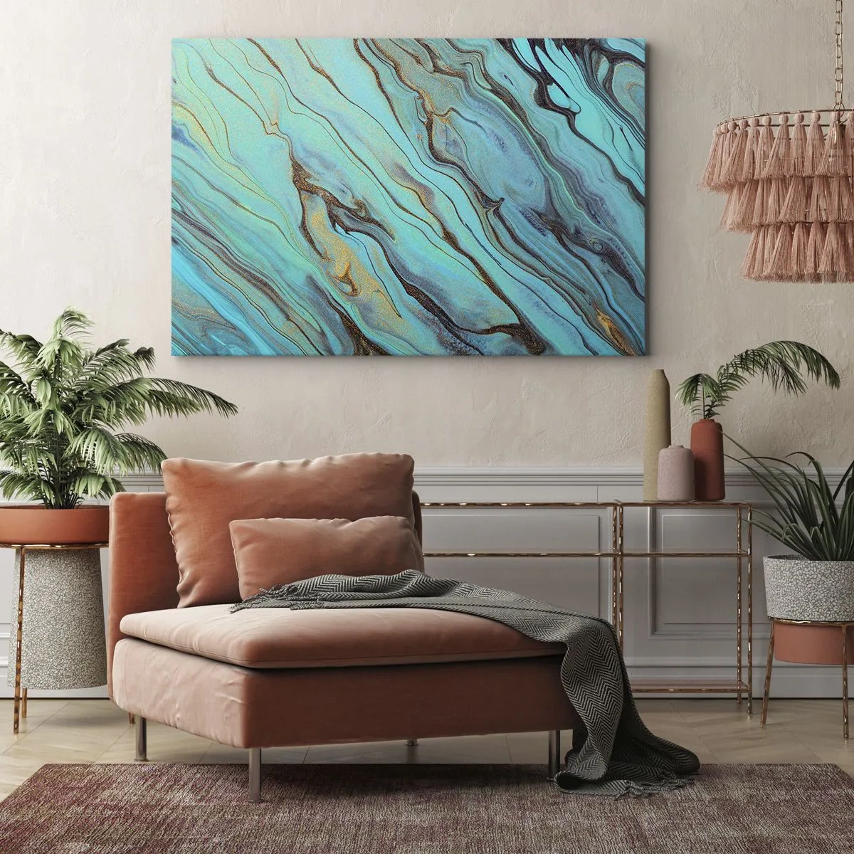 Schilderen op canvas - Abstracte golven in tinten turquoise en goud - 70x50cm - Turquoise vloed - Moderne wanddecoratie voor woonkamer en slaapkamer ARTTOR