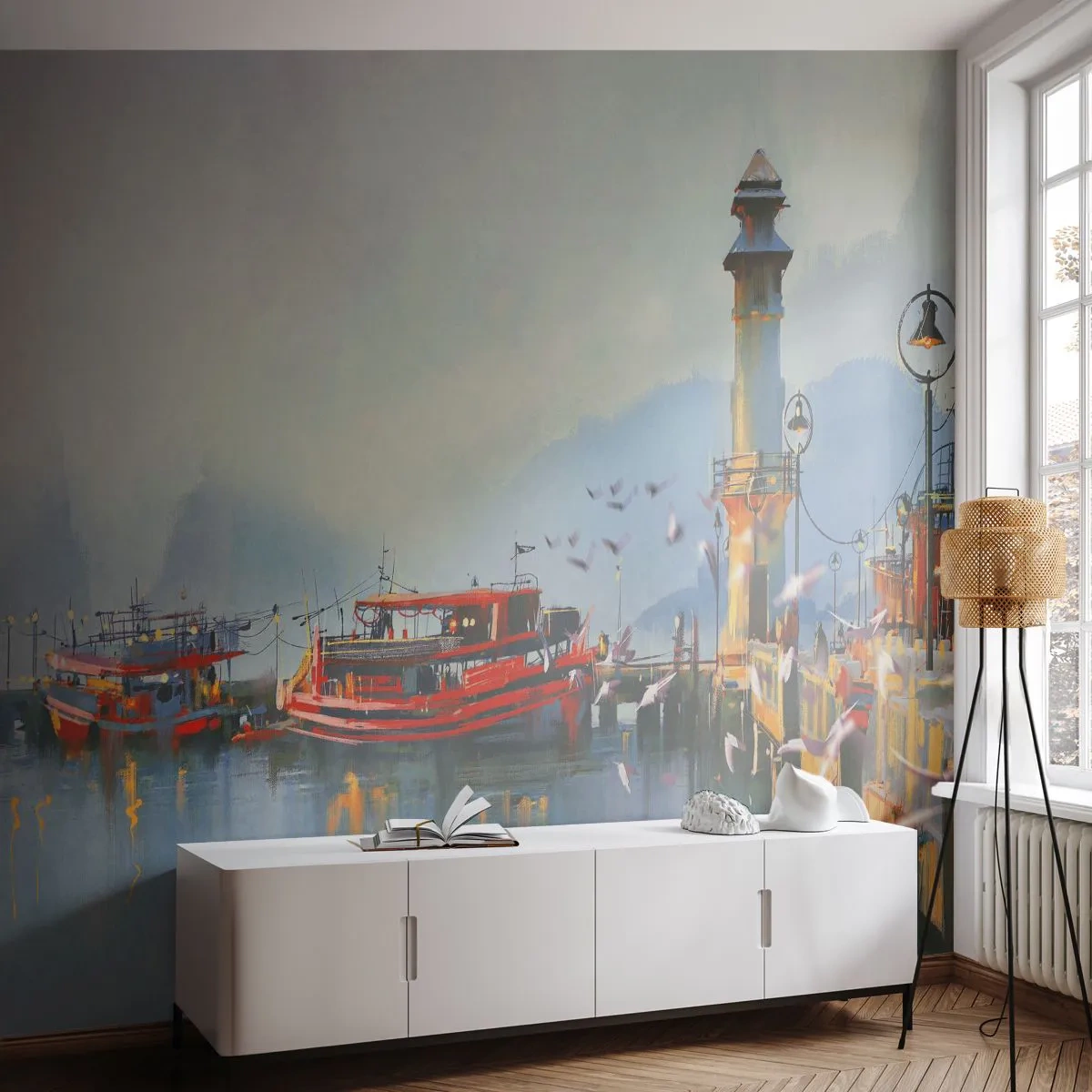 Fotobehang Premium Canvas - Aan het einde van de wereld - Landschap, Haven, Vuurtoren - 350x256 cm