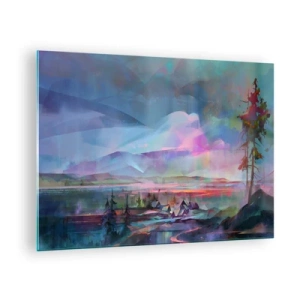 Schilderen op glas - Een kleurrijk landschap met bergen en huisjes in een surrealistische stijl. - 70x50cm - Onder een welwillende hemel - Moderne wanddecoratie voor woonkamer en slaapkamer ARTTOR
