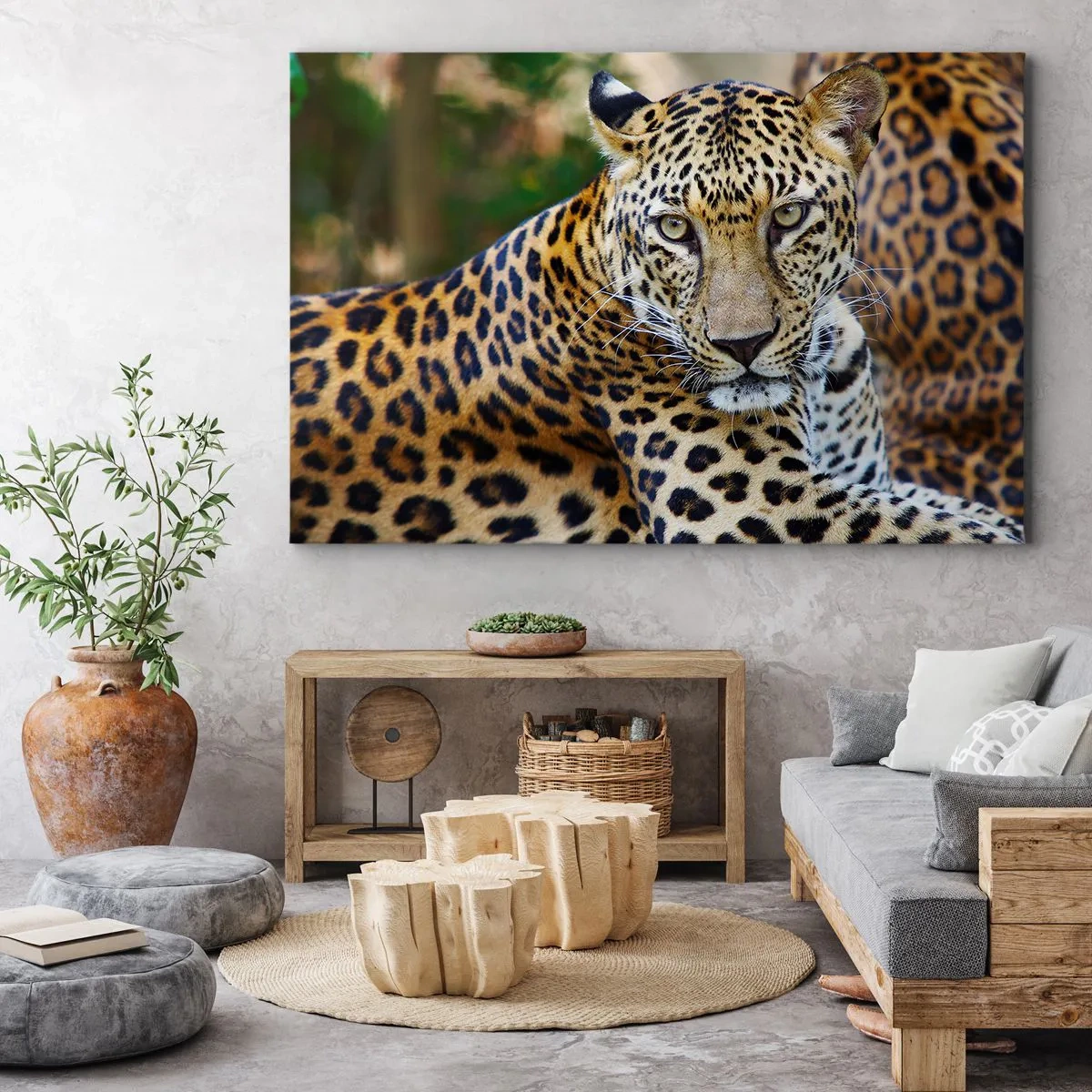 Schilderen op canvas - Jaguar rust in een natuurlijke omgeving met een groene achtergrond. - 70x50cm - Wild en kalm - Moderne wanddecoratie voor woonkamer en slaapkamer ARTTOR