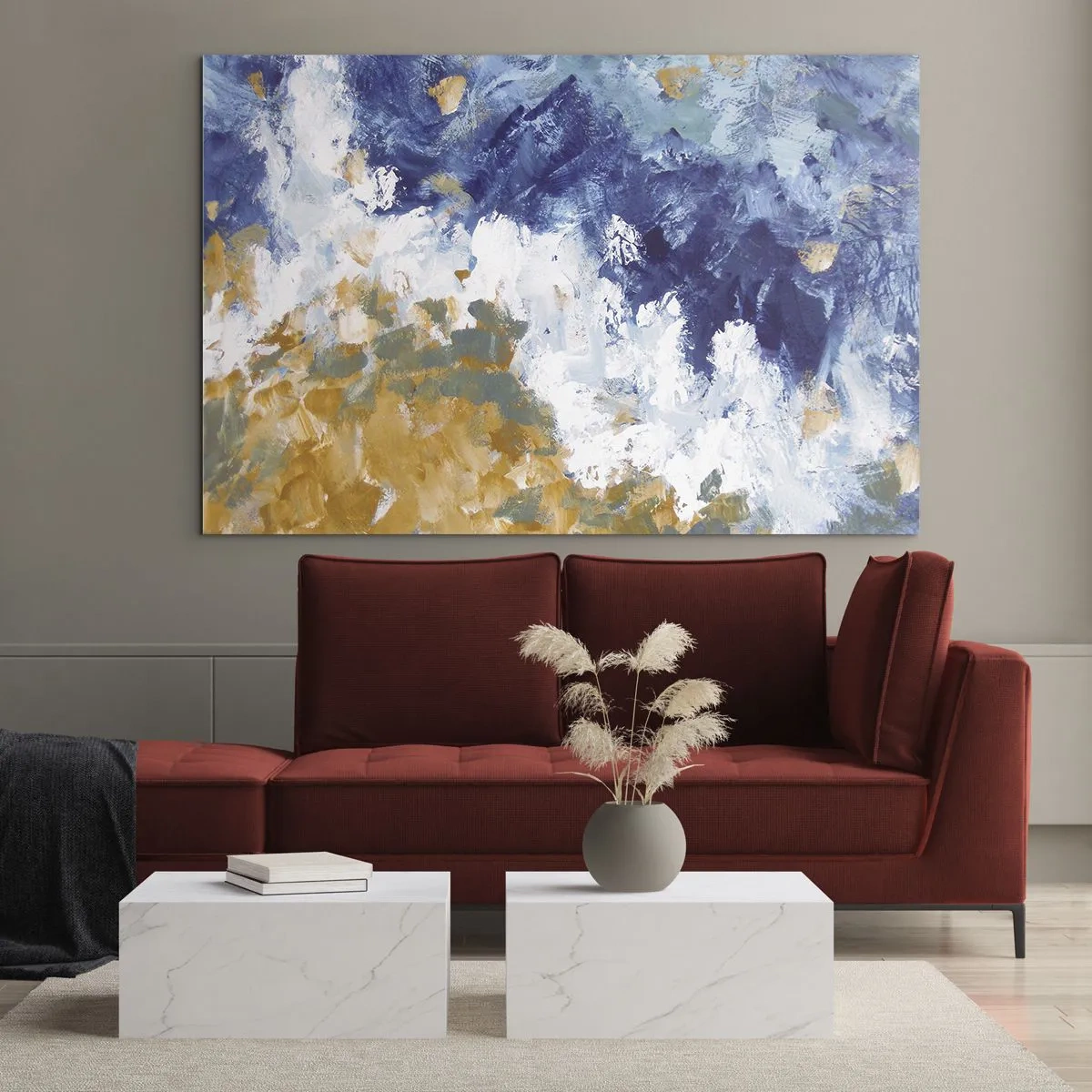 Schilderen op glas - Abstracte verfstreken in blauw, wit en goud - 70x50cm - Dans der Elementen - Moderne wanddecoratie voor woonkamer en slaapkamer ARTTOR