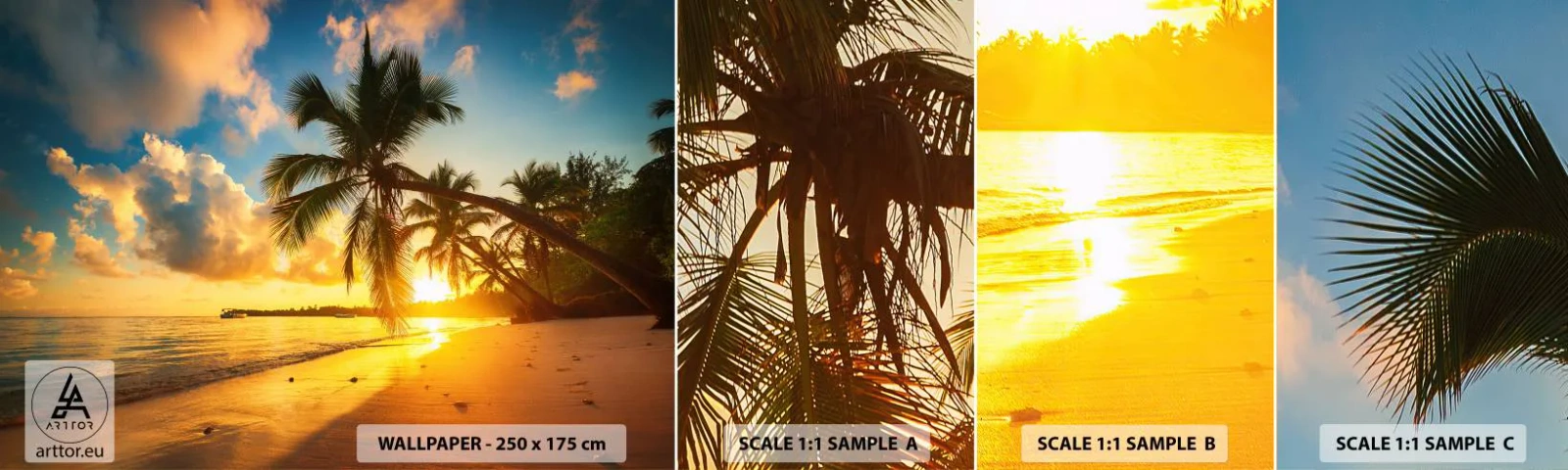 Fotobehang Monster Zelfklevend Deluxe Sticker - Caribische droom - Landschap, Kokospalm, Zee - 100x30 cm