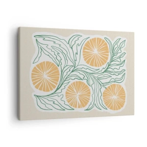 Schilderen op canvas - Een minimalistisch oranje motief met groene bladeren - 70x50cm - Etnisch met een vleugje abstractie - Moderne wanddecoratie voor woonkamer en slaapkamer ARTTOR