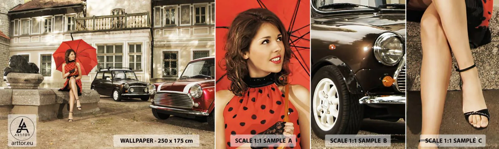 Fotobehang Monster Zelfklevend Deluxe Sticker - Een sentimentele mini-reis - Vrouw, Architectuur, Auto - 100x30 cm