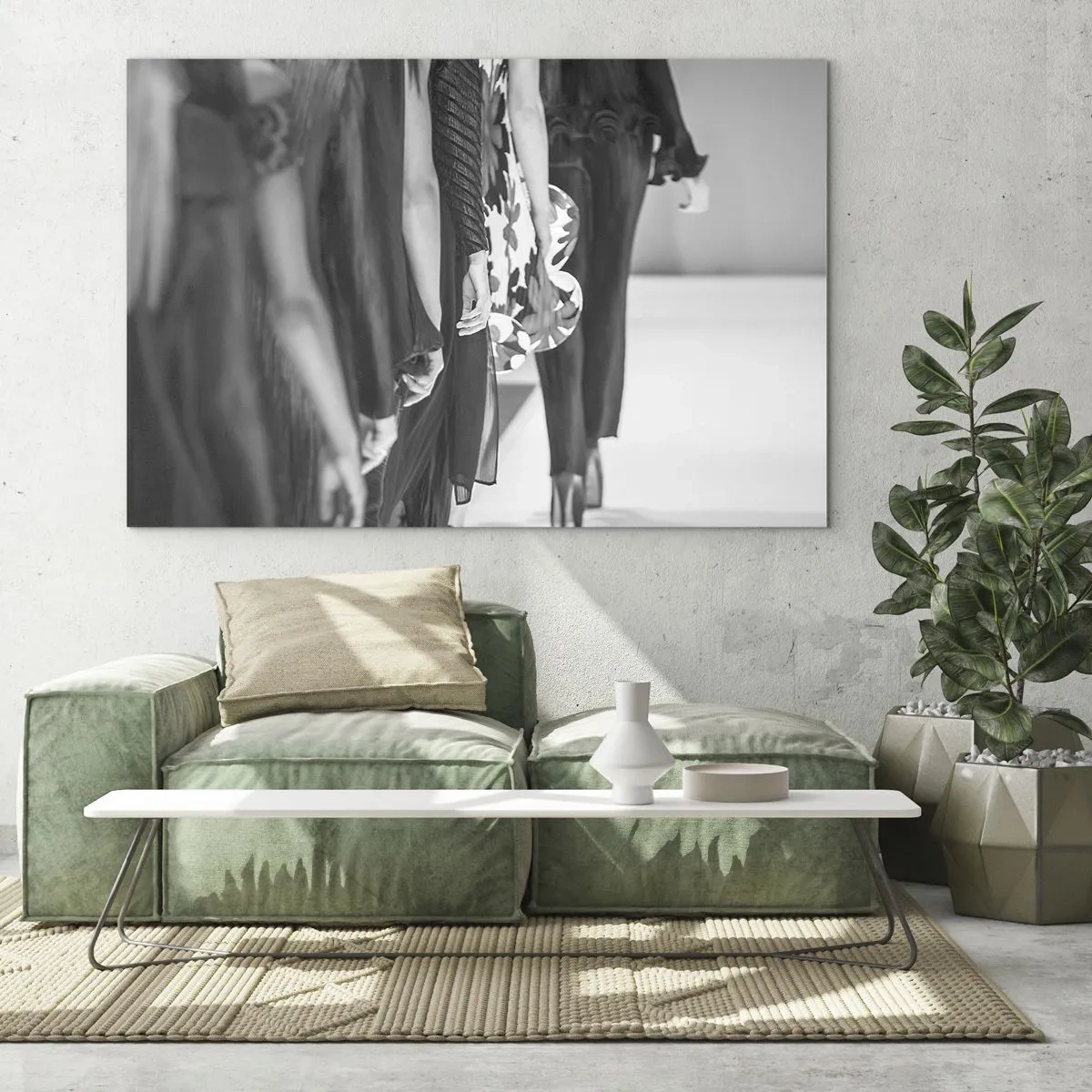 Schilderen op glas - Een zwart-witscène van een modeshow met modellen op de catwalk. - 70x50cm - Een stijlvolle optocht - Moderne wanddecoratie voor woonkamer en slaapkamer ARTTOR